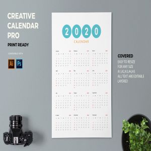 简约设计风格2020年单页日历设计模板 Creative Calendar Pro 2020插图1