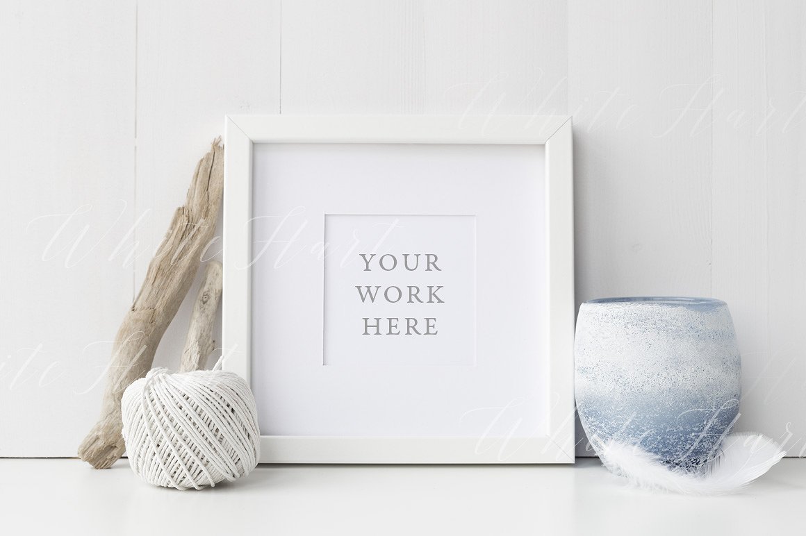 白色方形艺术相册画框模板 White square nautical frame mock up