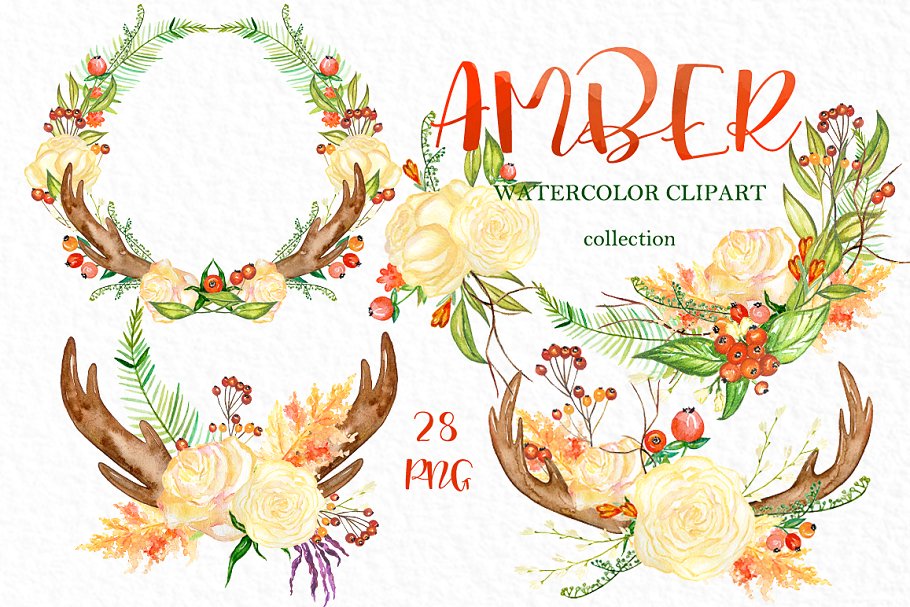秋天水彩花卉花环剪贴画合集 Amber. Autumn watercolor clipart