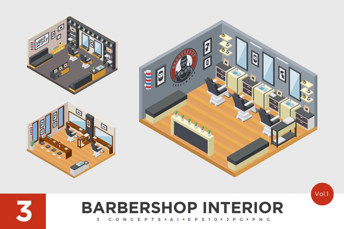 理发美发店2.5D等距概念场景插画素材v1 3 Isometric Barbershop Interior Vector Set 1