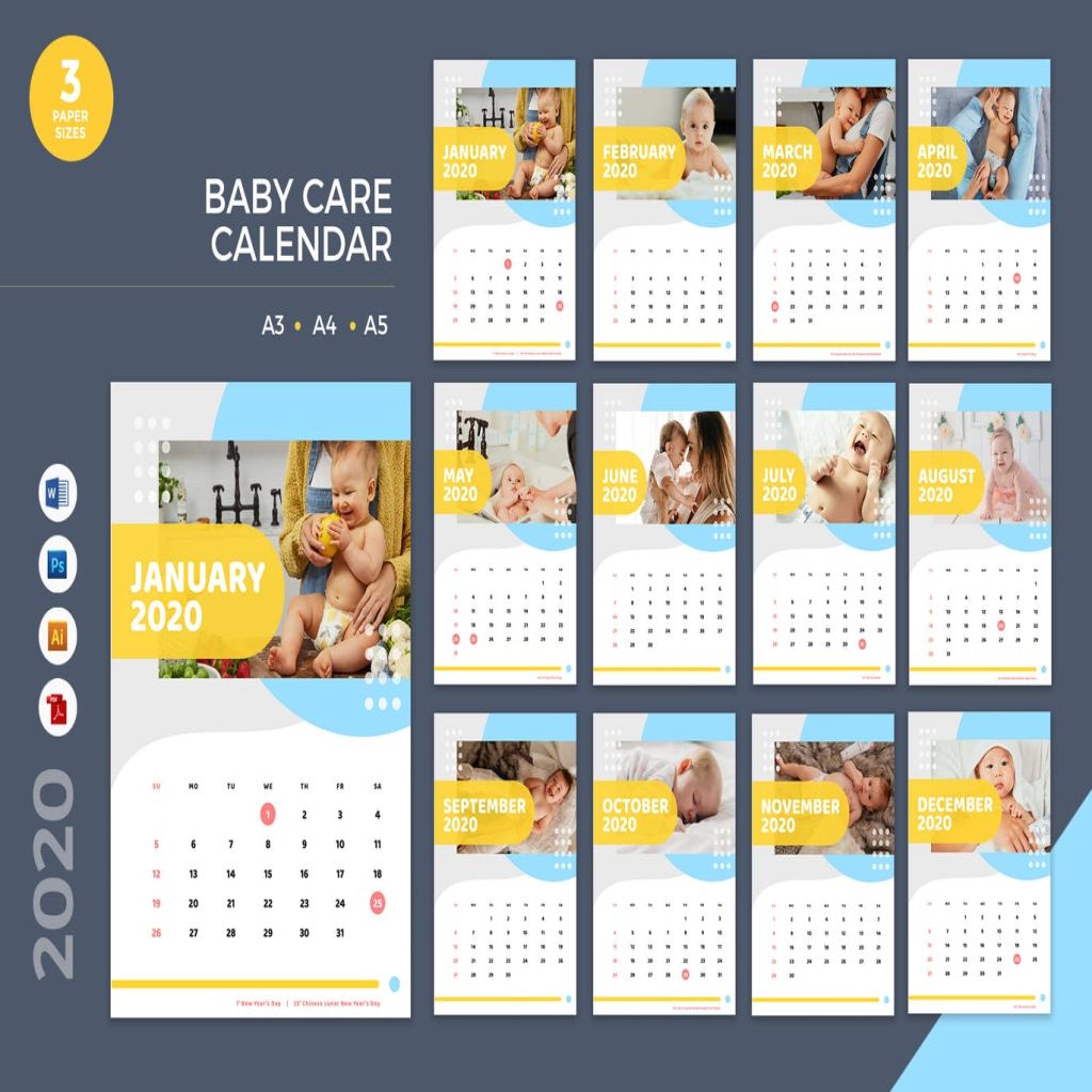 婴儿护理主题2020年日历表设计模板 Baby Care Calendar 2020 Calendar – AI, DOC, PSD插图