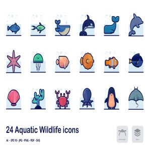 海洋水生野生动物矢量描边图标合集 Aquatic Wildlife Detailed filled outline icons