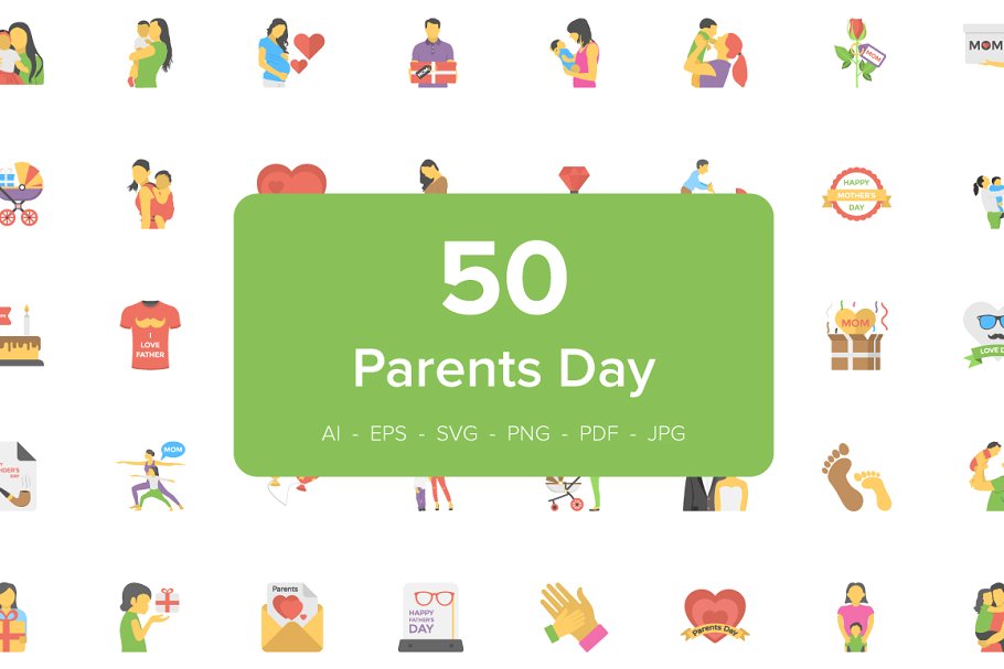 50枚亲子主题扁平设计风格图标 50 Flat Icons of Parents Day