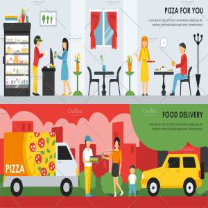 外卖&披萨餐厅内部展示服务概念平面插图 Pizzeria Flat Interiors 9 sets
