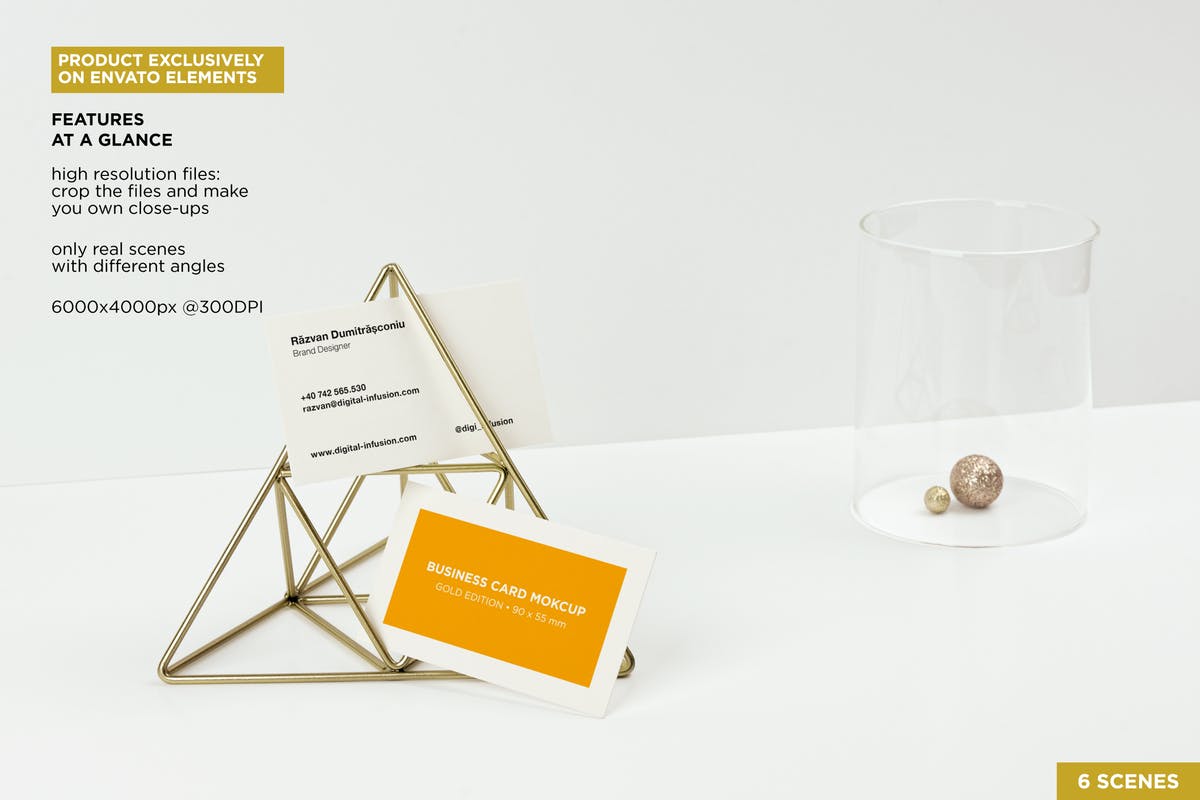 金属三脚架企业名片展示样机 Business Cards Gold Scene