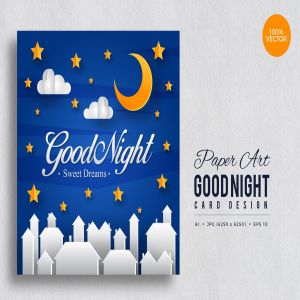 剪纸艺术晚安贺卡矢量模板v2 Paper Art Good Night Vector Card Vol.2
