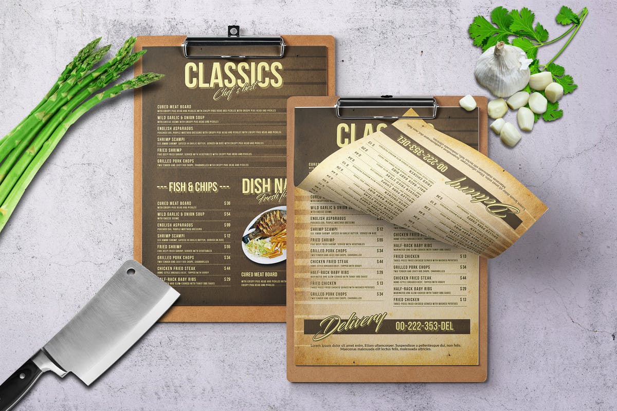 80年代复古风格单页菜单PSD模板 80’s Retro Single Page A4 & US Letter Menu