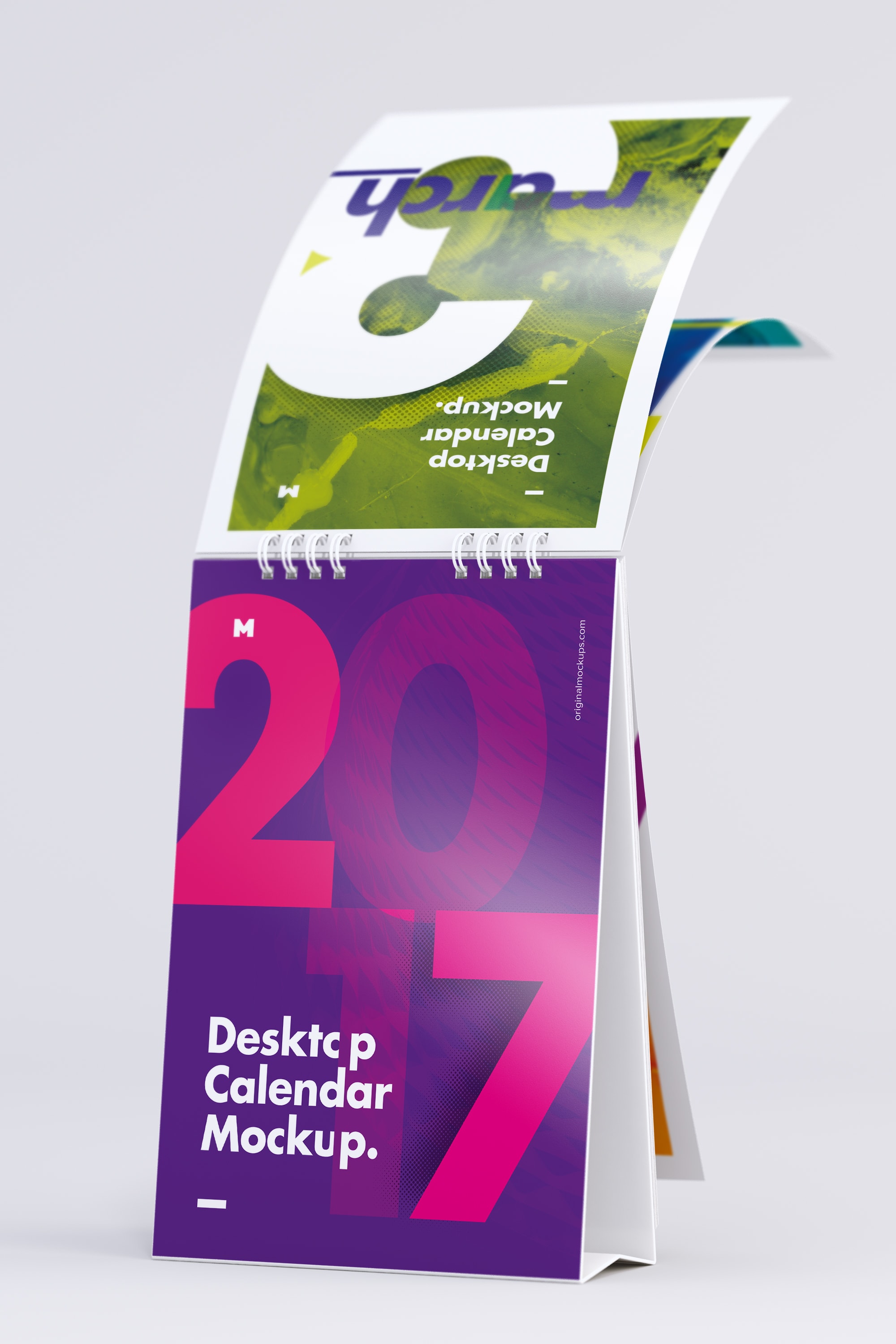 纵向桌面日历设计翻页效果样机模板2 Desktop Portrait Calendar Mockup Turning Pages 2