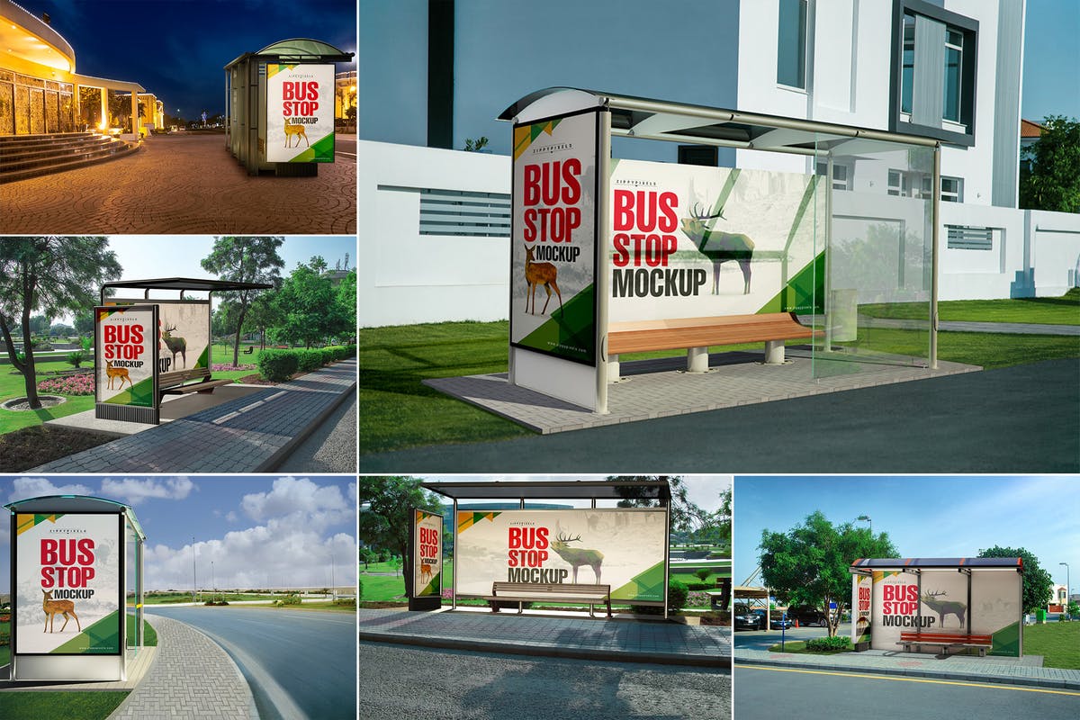 巴士公交站台灯箱广告牌样机 Bus Stand Mockups