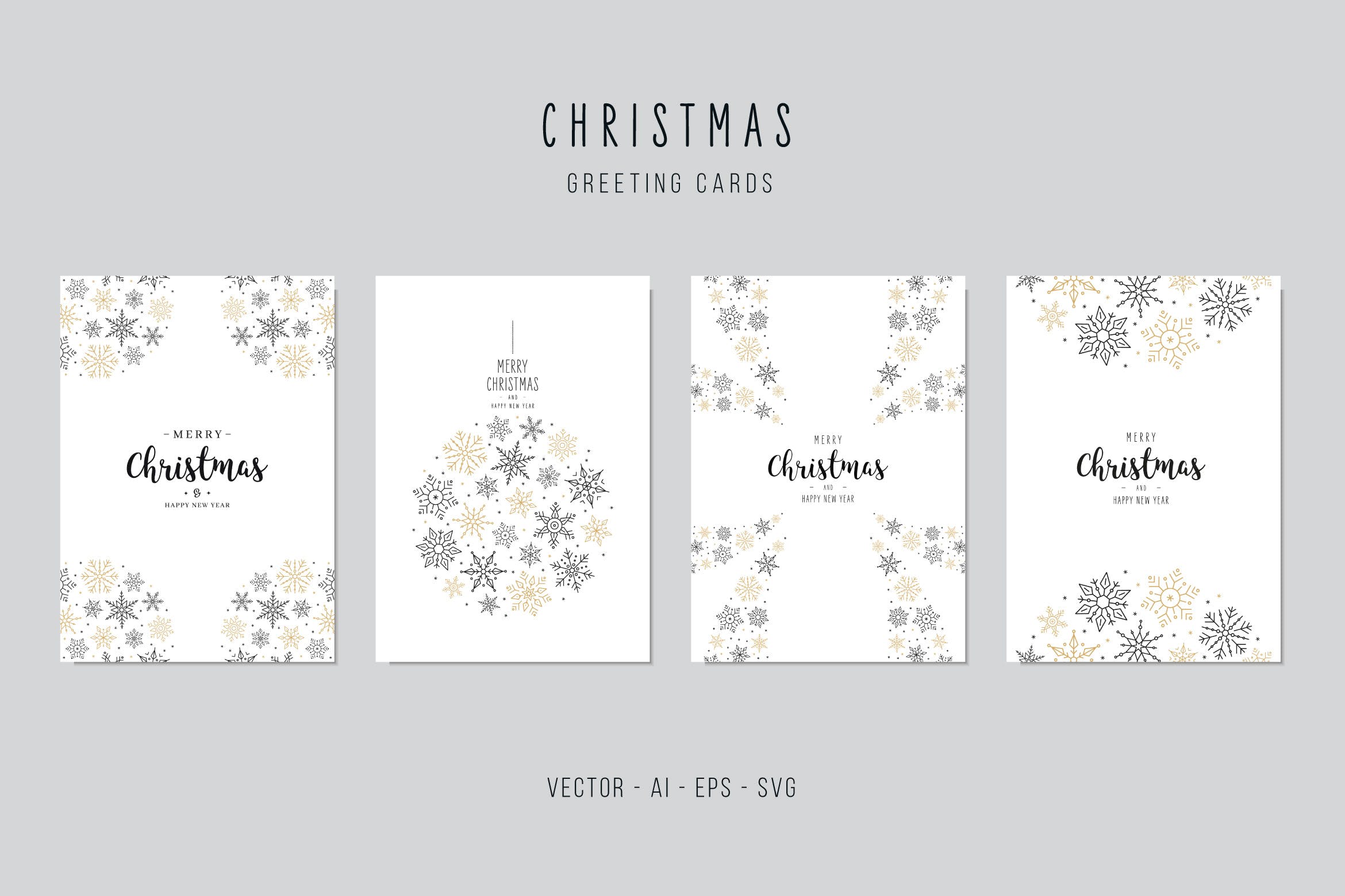 创意雪花手绘圣诞节贺卡矢量设计模板集v1 Christmas Greeting Vector Card Set