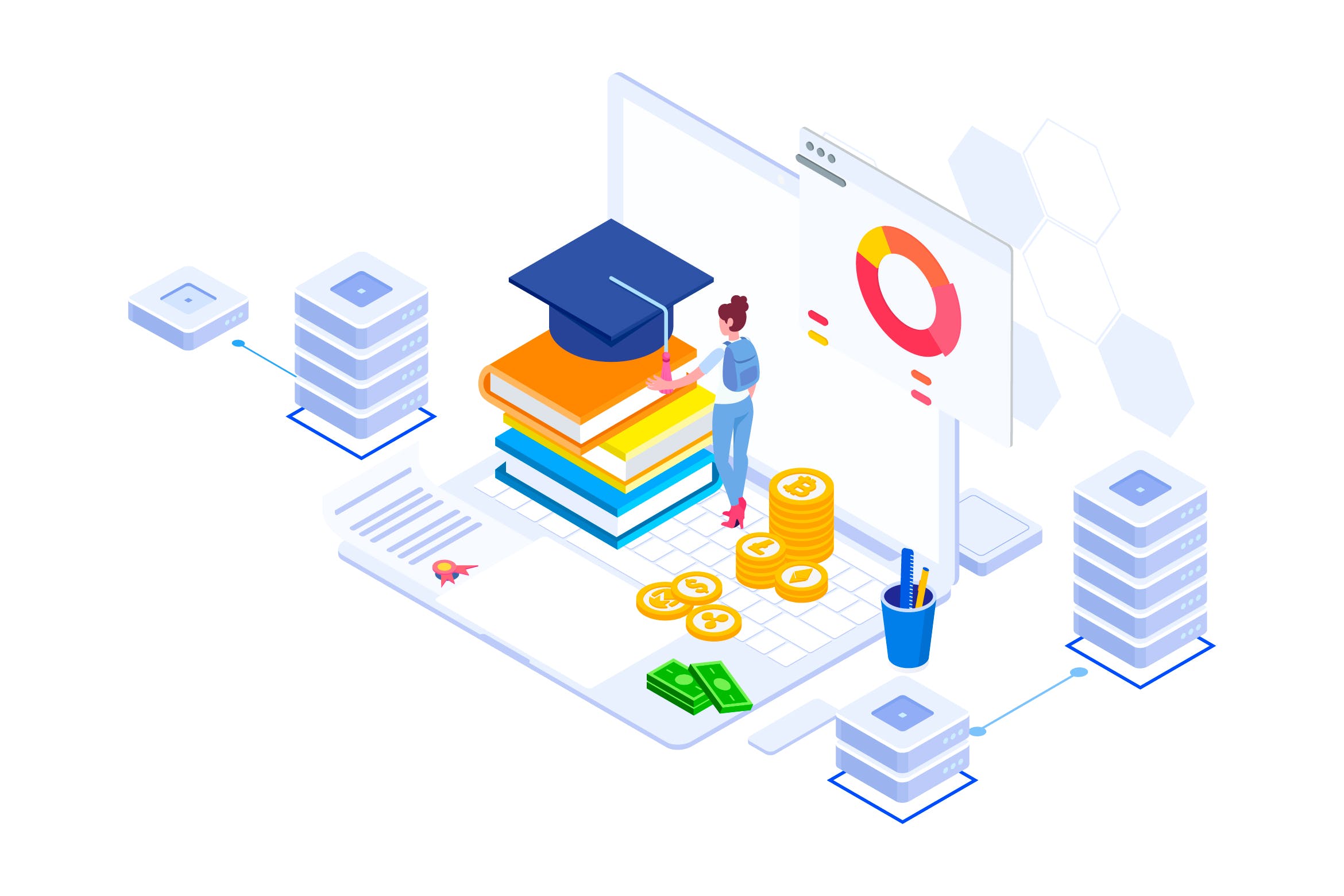 教育基金区块链平台矢量等距概念插画 Education Fund Blockchain Platform Isometric – FV