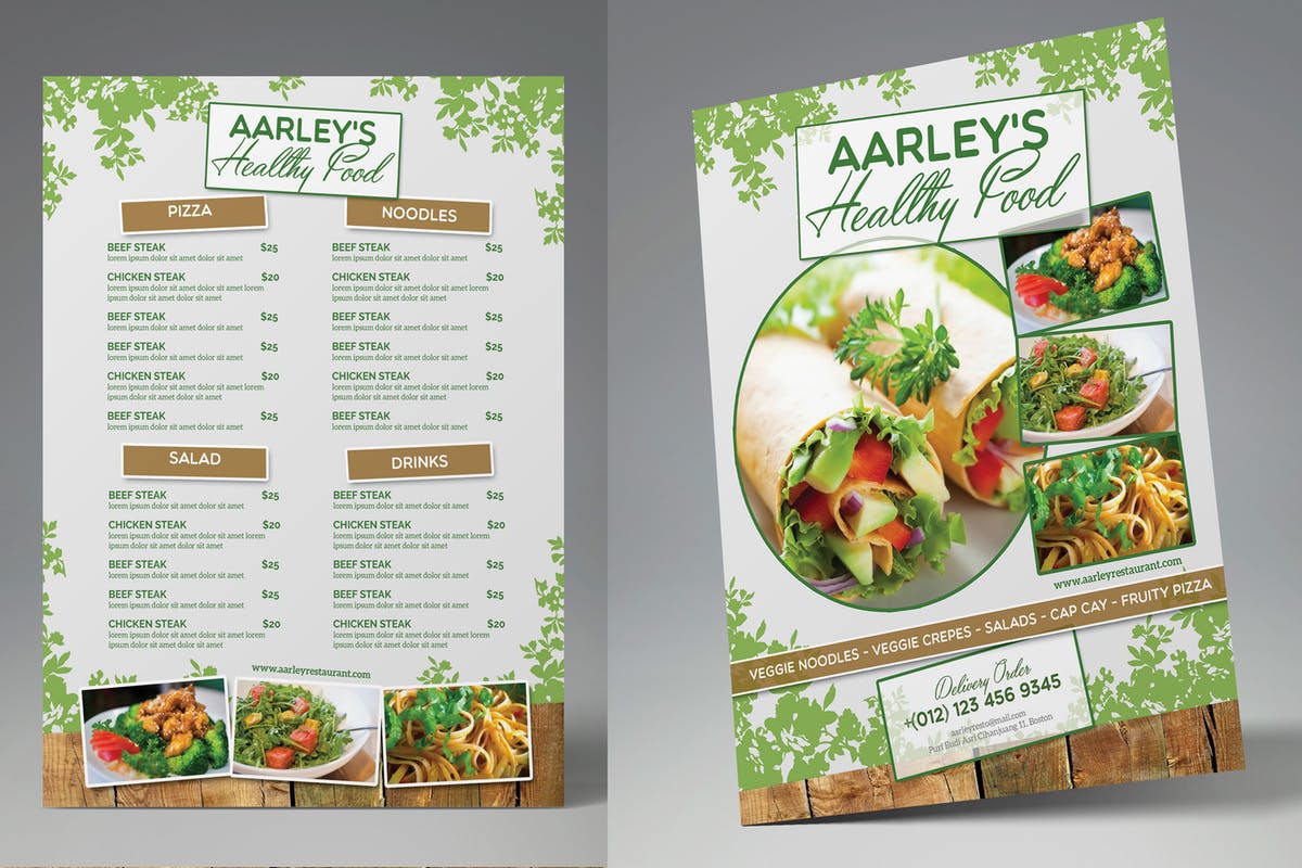 西式健康食物素食菜单菜谱设计PSD模板v1 Healthy Food Menu Flyer