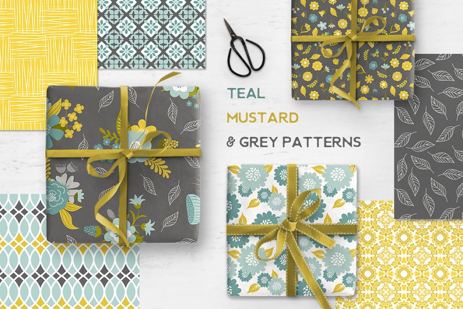芥末色&灰色纹理 Teal Mustard & Grey Patterns