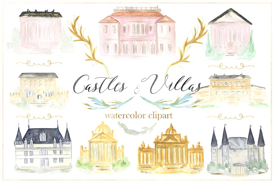 豪华建筑城堡别墅系列水彩剪贴画 Castles & villas houses watercolor