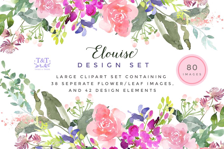 埃洛伊斯水彩花卉剪辑集 Elouise – Flower Clipart Set