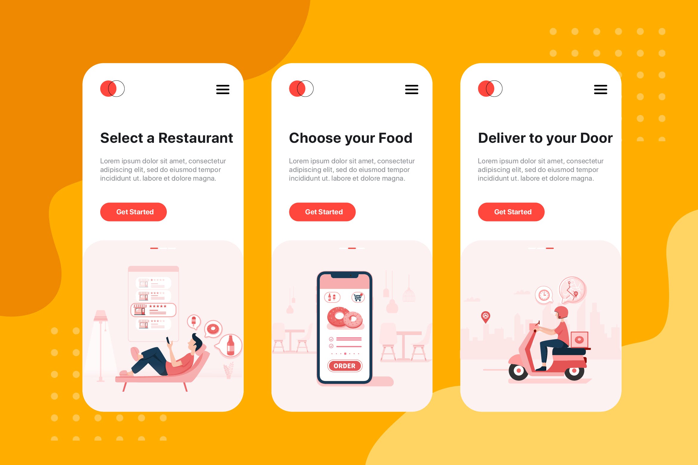 美食外卖点餐APP应用引导页设计模板 On boarding screens for Food Delivery service app