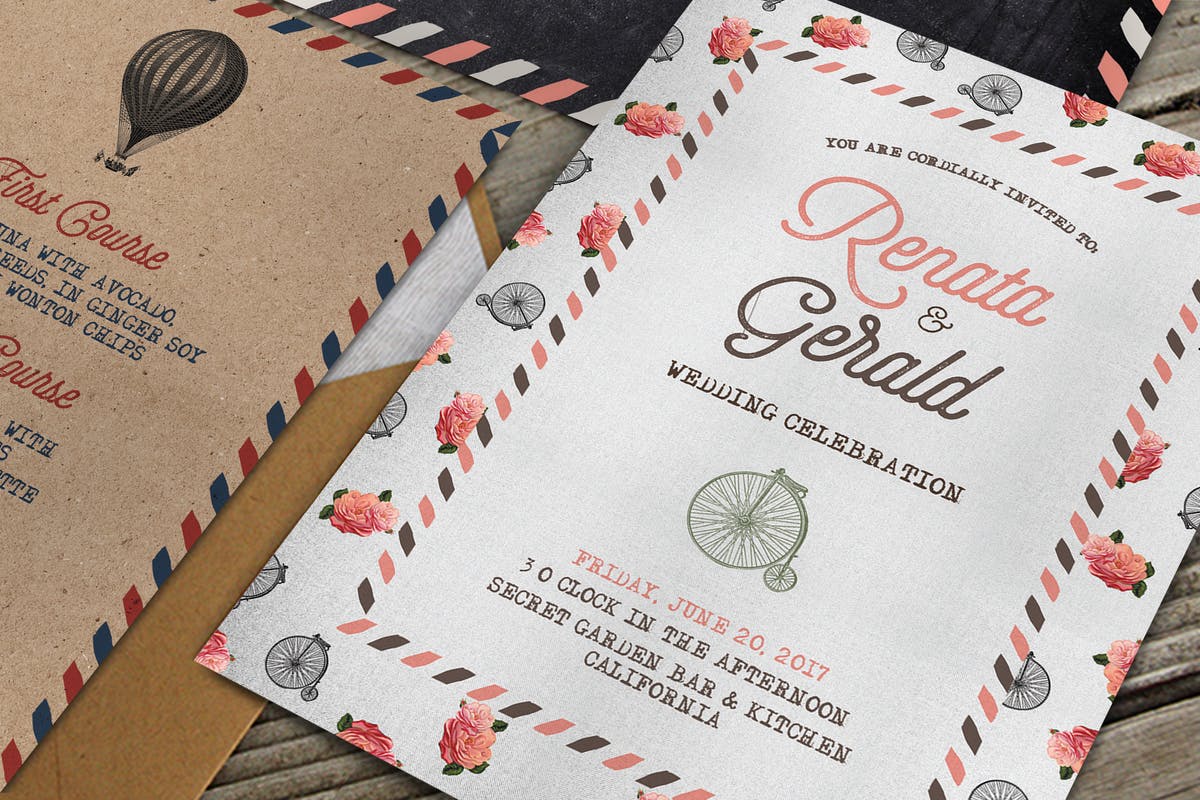 复古旅行婚礼请柬邀请函套装模板 Vintage Travel Wedding Suite