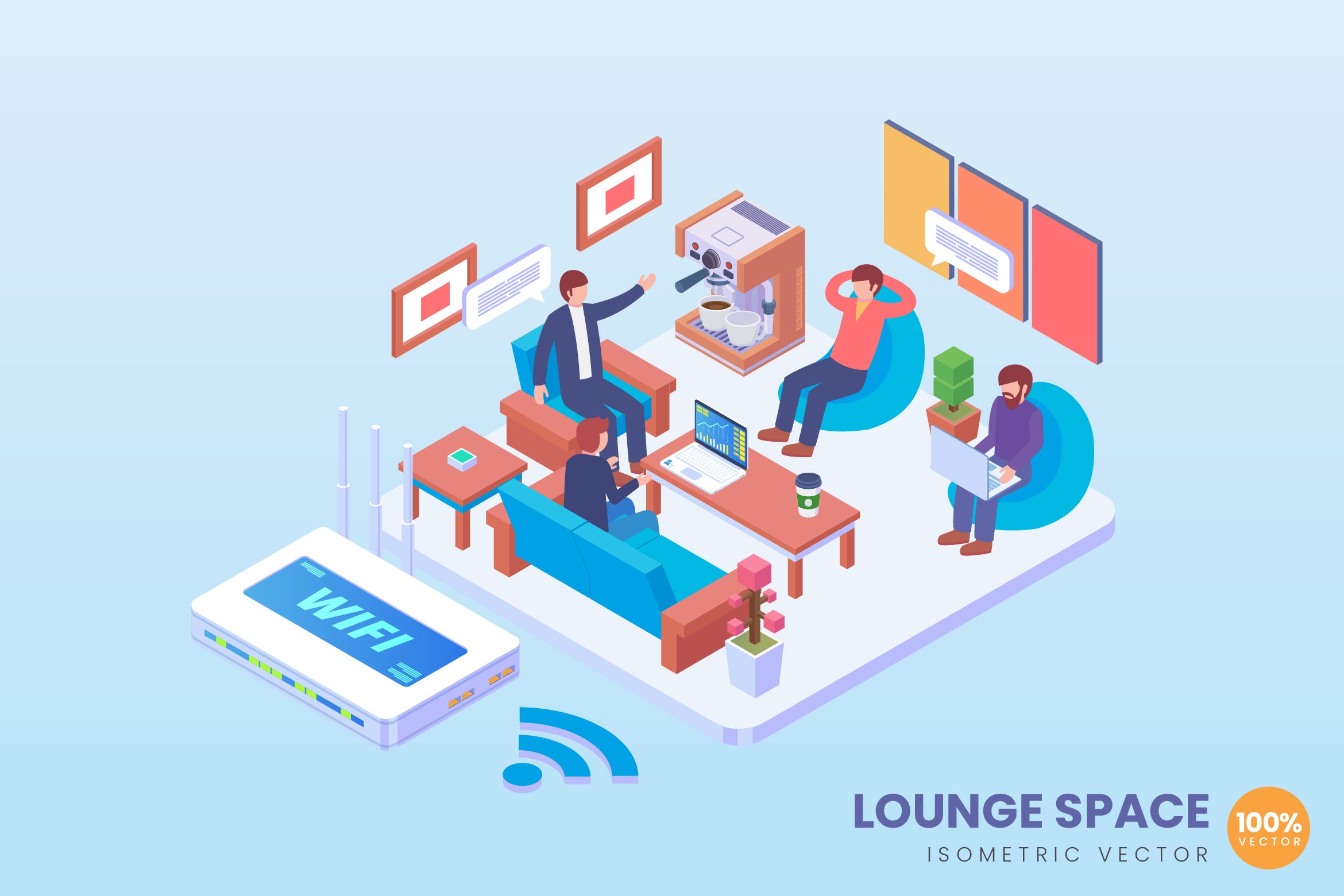 VIP休息室空间场景2.5D矢量等距概念插画 Isometric Lounge Space Vector Concept