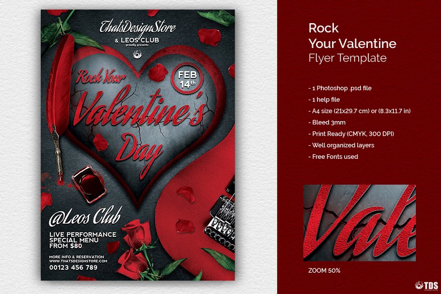深红色情人节主题传单PSD模板 Rock Your Valentine Flyer PSD