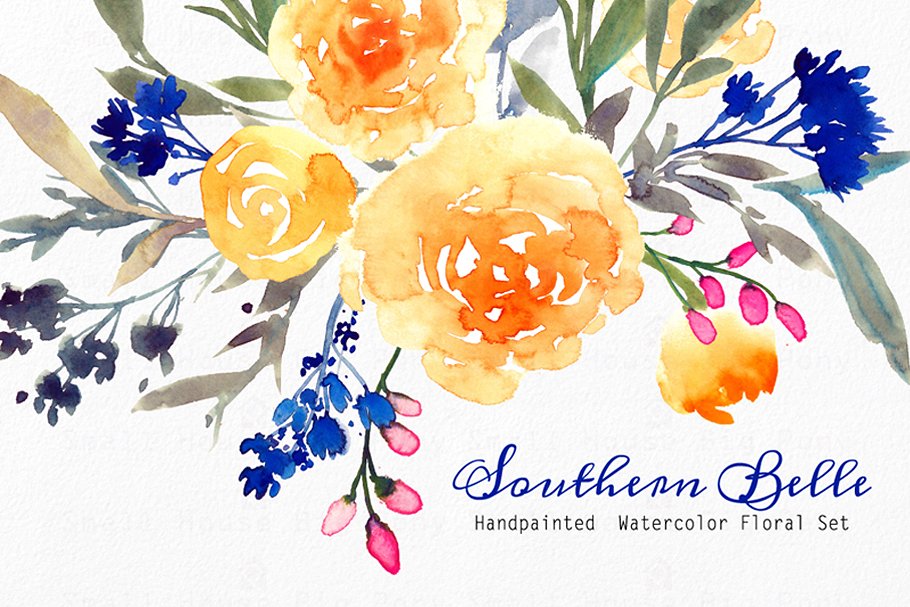 水彩手绘江南彩色花卉插画 Southern Belle – Watercolor Floral S