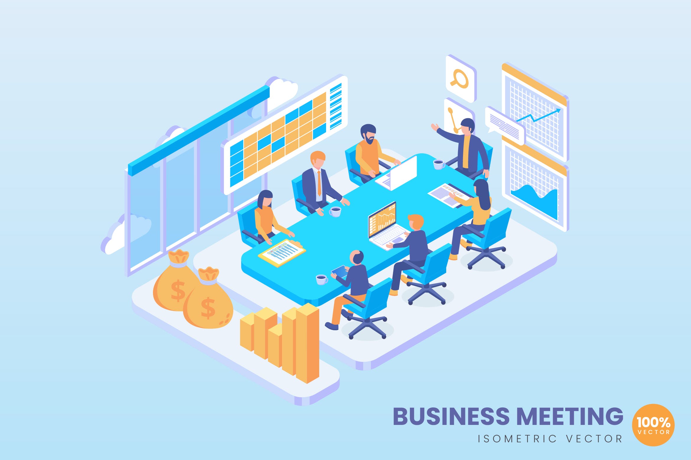 商务会议室场景2.5D矢量等距概念插画 Isometric Business Meeting Vector Concept