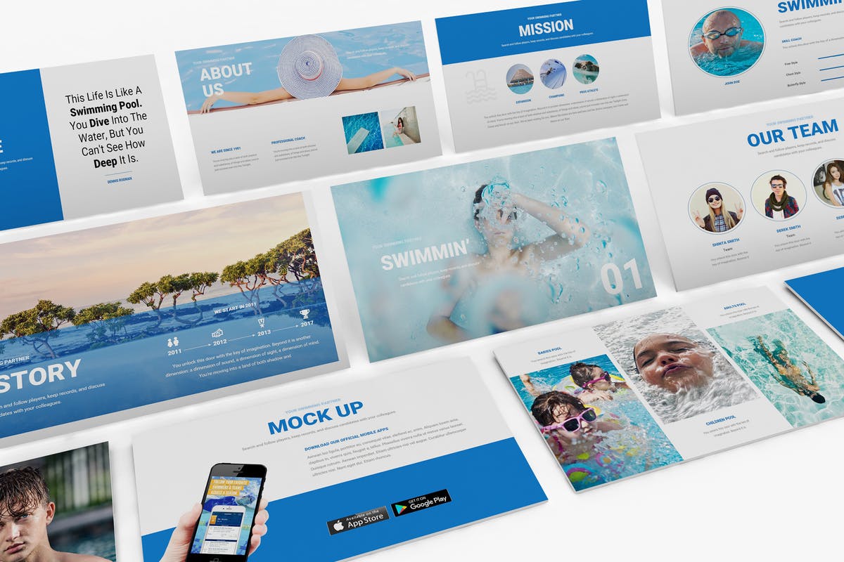 游泳俱乐部泳池主题PPT幻灯片模板 Swimming Powerpoint Template