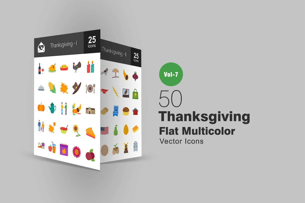 50个感恩节主题扁平设计风格多色图标 50 Thanksgiving Flat Multicolor Icons