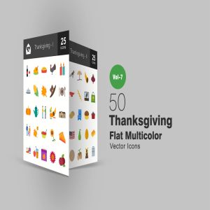 50个感恩节主题扁平设计风格多色图标 50 Thanksgiving Flat Multicolor Icons