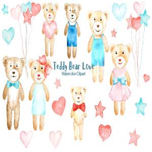 可爱水彩手绘泰迪熊剪贴画 Watercolor Clipart Teddy Bear Love