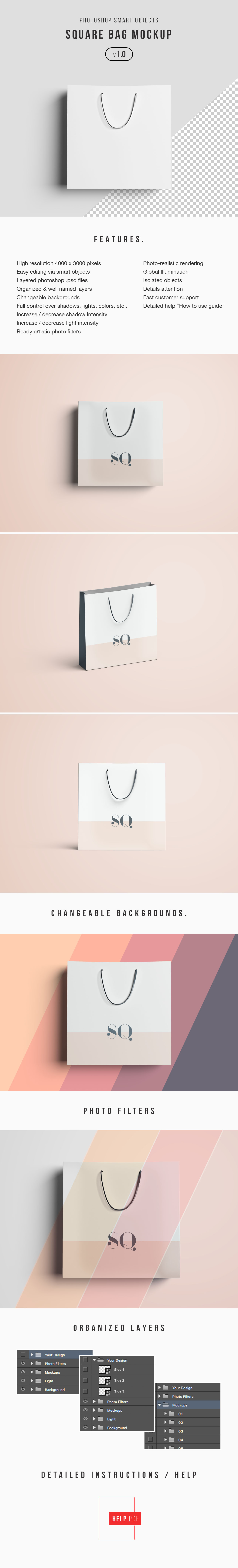方形购物袋制作设计图样机模板 Square Bag Mockup