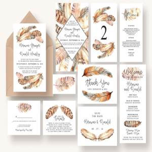 波希米亚风格羽毛插画婚礼邀请函设计套件 Boho Feather Invitation Suite