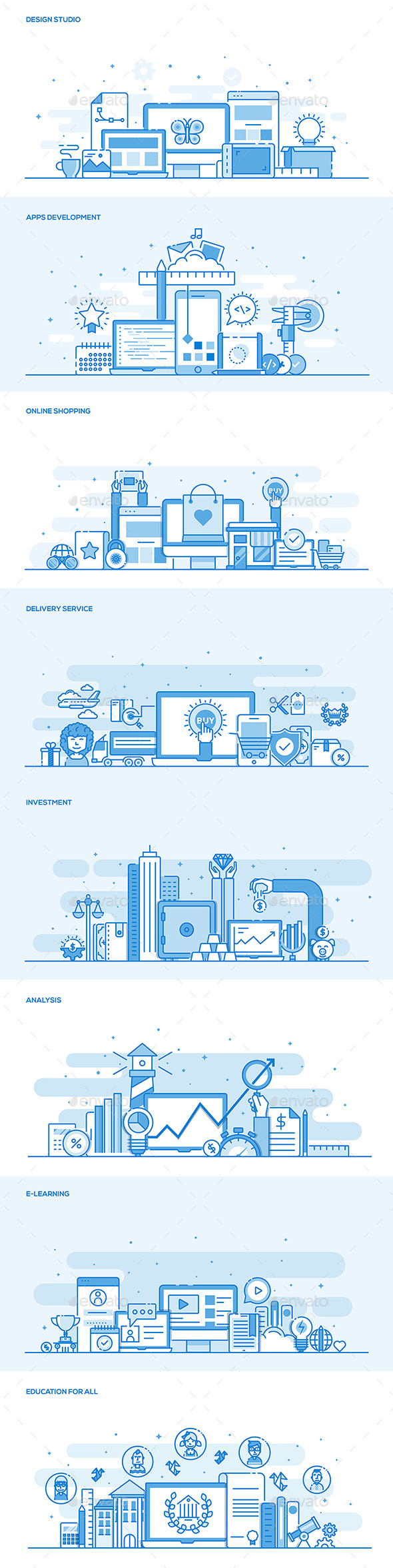 扁平彩色条幅 Banner 素材 Set of Flat Line Color Banners（一）