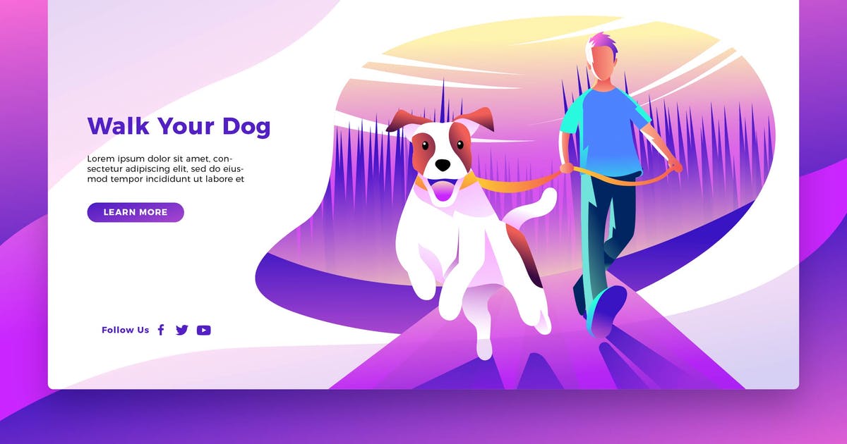 遛狗宠物主题概念插画网站Banner＆着陆页设计模板 Walk Your Dog – Banner & Landing Page