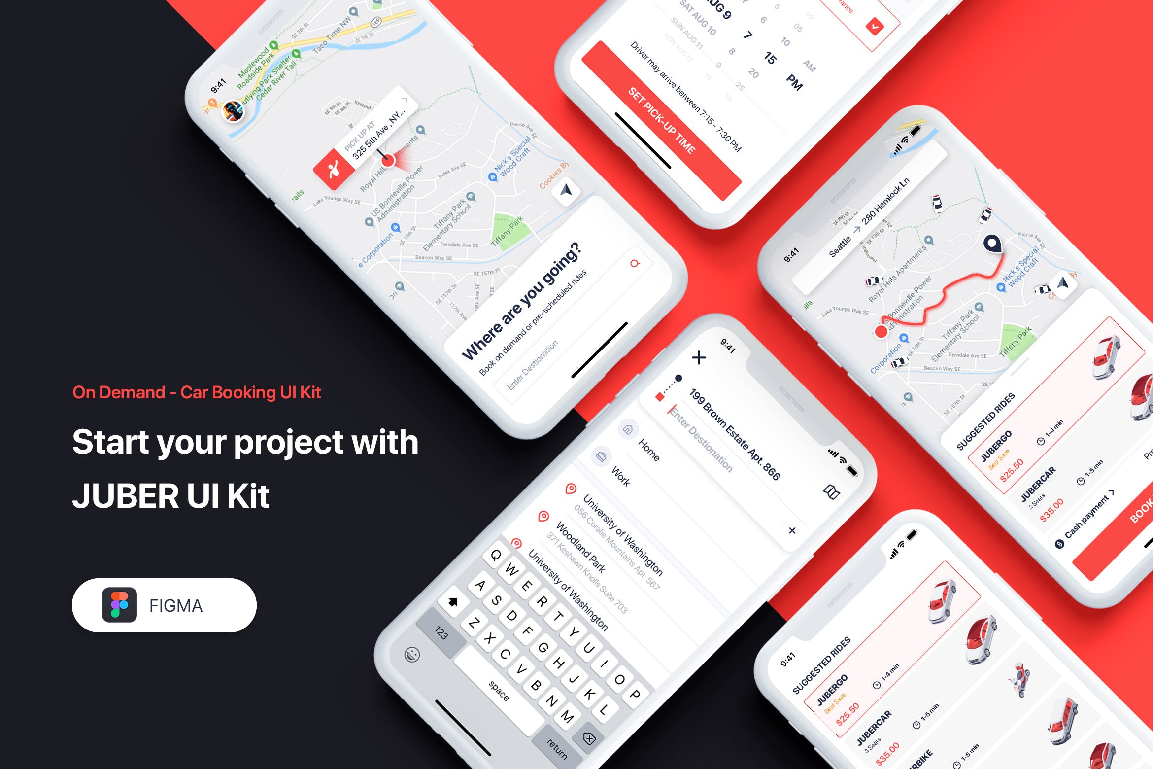 出租车打车网约车APP应用交互设计Figma模板 Car booking UI Kit for FIGMA