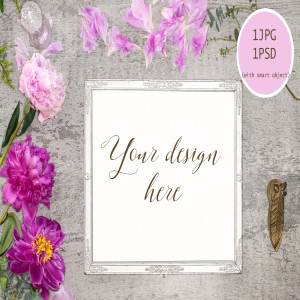 粉红色牡丹花卉装饰银色框架样机模板 Peony mock up