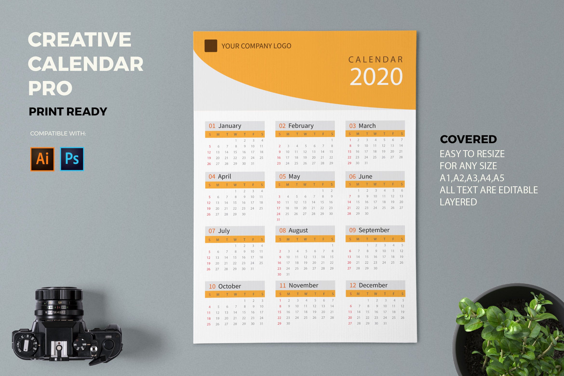 单色设计2020日历表年历设计模板 Creative Calendar Pro 2020