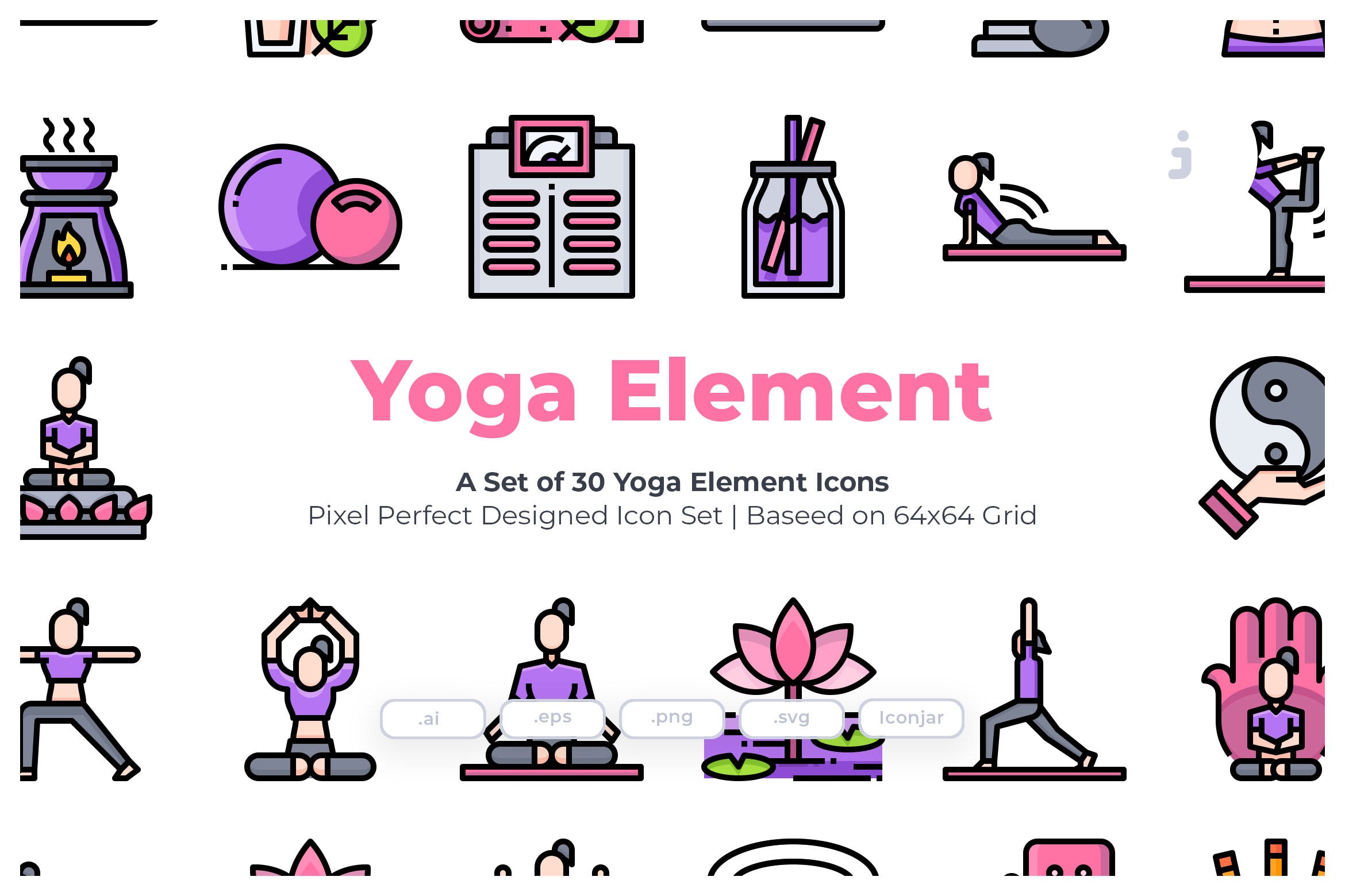 30枚瑜伽运动元素彩色矢量图标素材 30 Yoga Element Icons