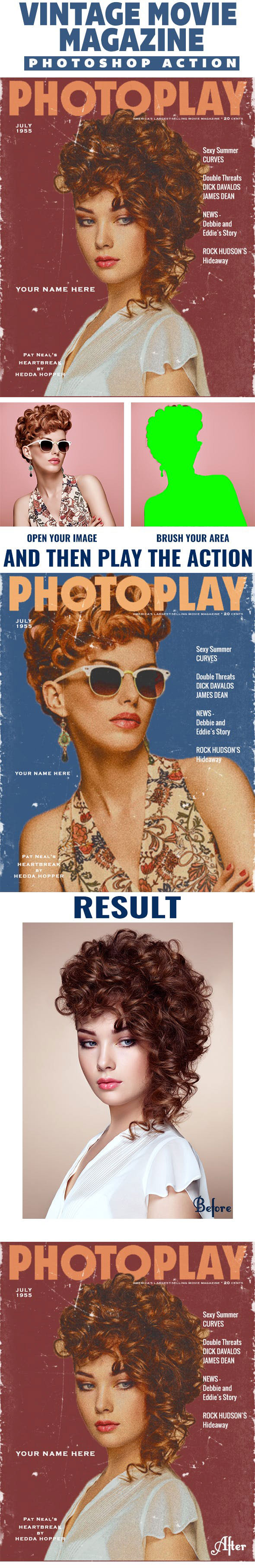 复古电影杂志效果的PS动作 Vintage Movie Magazine Photoshop Action [atn]