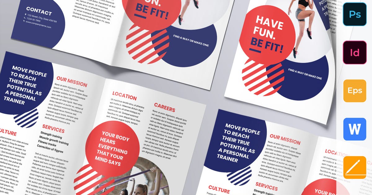 运动健身/健身俱乐部广告双折页传单设计模板 Fitness Trainer Coach Brochure Bifold