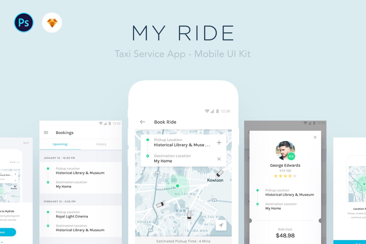 类滴滴出行出租车网约车APP应用UI套件 My Ride – Taxi App Mobile UI Kit