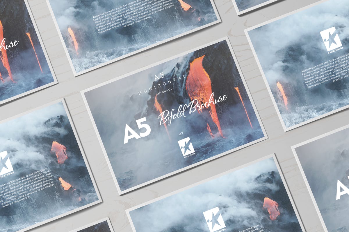 A5尺寸规格宣传册设计平铺视觉样机模板 Bi-Fold A5 Horizontal Brochure Mock-Ups Vol.1