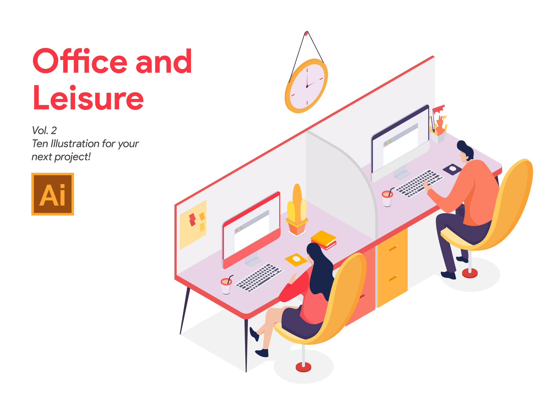 一流设计素材网下午茶：2.5D办公室概念矢量插画素材下载[Ai]