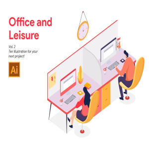 一流设计素材网下午茶：2.5D办公室概念矢量插画素材下载[Ai]