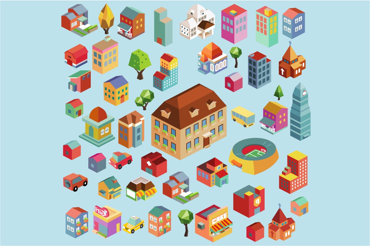 多彩等距城市场景矢量插画v4 Colorful vector isometric city