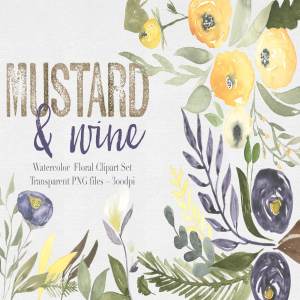 水彩芥末洋酒色花卉植物剪贴画合集 Mustard & wine Floral Clipart Set
