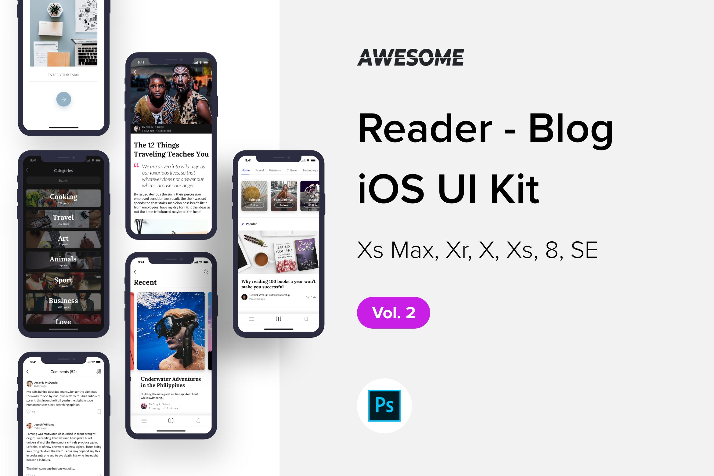 读者博客类iOS应用APP设计套件PSD模板v2 Awesome iOS UI Kit – Reader Blog Vol. 2 (PSD)