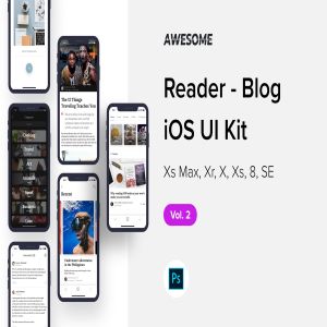 读者博客类iOS应用APP设计套件PSD模板v2 Awesome iOS UI Kit – Reader Blog Vol. 2 (PSD)
