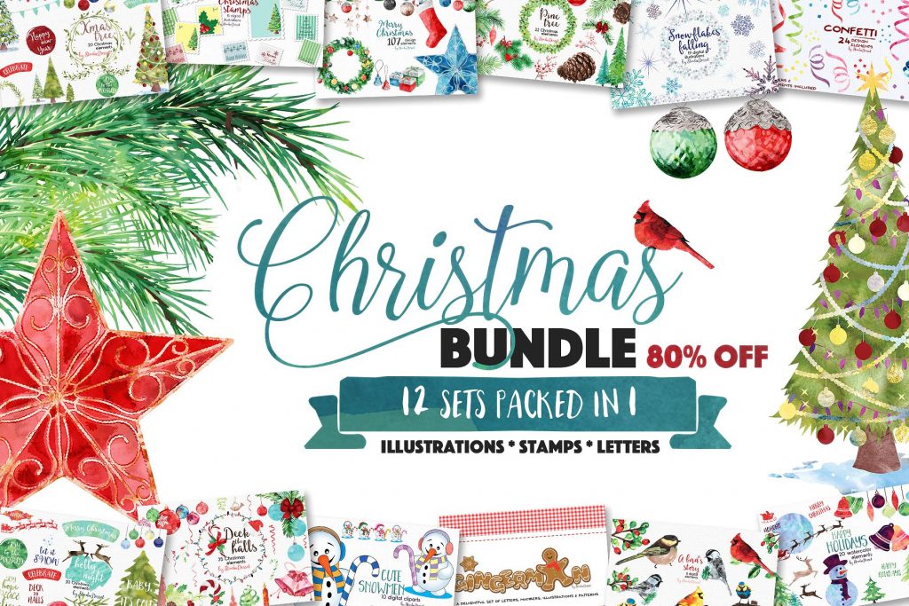 350+超丰富实用的圣诞节水彩手绘素材打包下载[png]