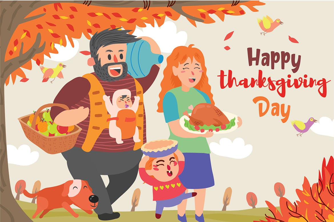 家庭感恩节主题矢量插画设计素材 Family Thanksgiving – Vector Illustration