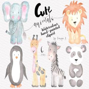 可爱的手绘水彩动物剪贴画合集 Watercolor Cute Animals set